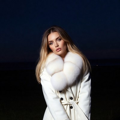 Blonde woman in white fur coat