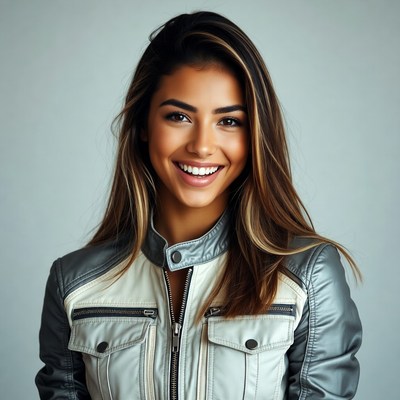 Smiling woman in leather jacket
