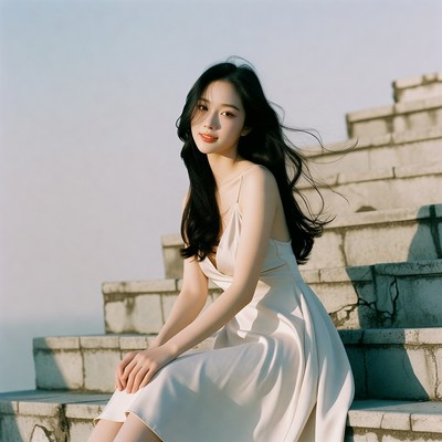 Asian woman in white dress on stairs