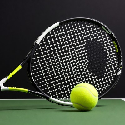 Tennis racket and ball on court