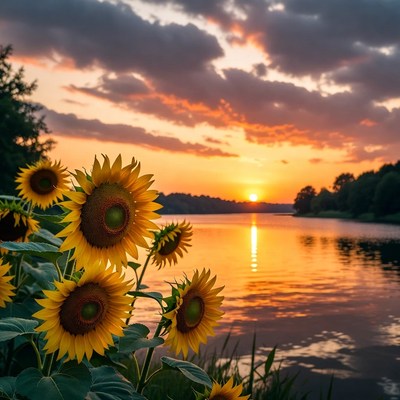 Sunflowers by lake at sunset