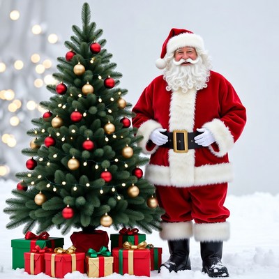 Santa Claus standing by Christmas tree
