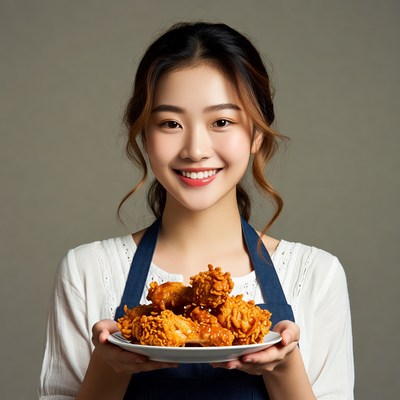 Asian woman holding fried chicken plate
