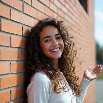 Smiling woman leaning against brick wall