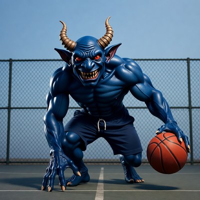 Blue muscular demon holding basketball