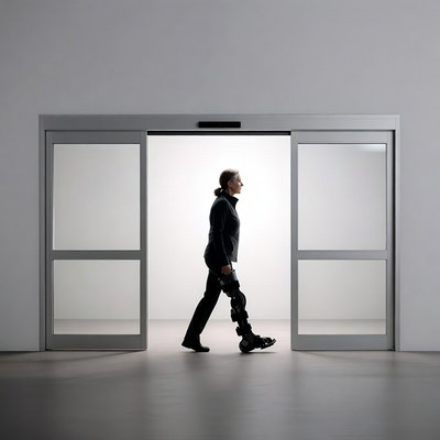 Woman walking through door with leg brace