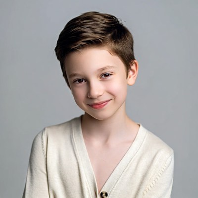 Smiling boy in white cardigan