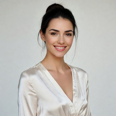 Smiling woman in white silk blouse