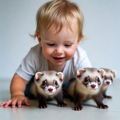 Baby boy with three ferrets