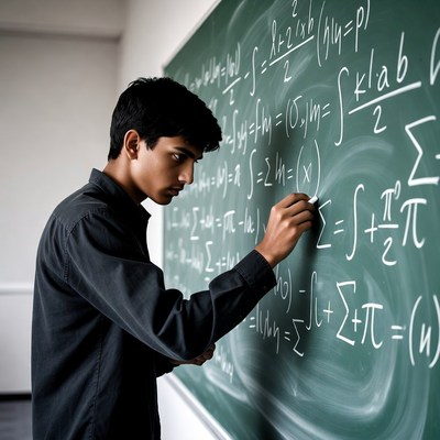 Young man writing math equations on blackboard