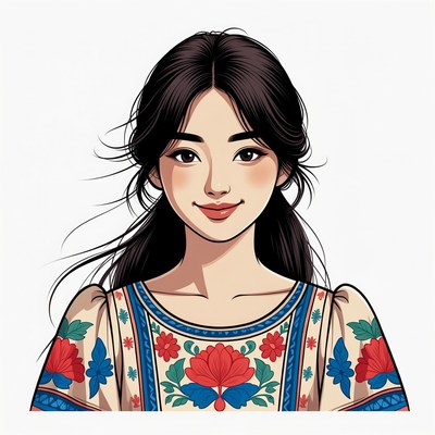 Asian woman in embroidered dress illustration