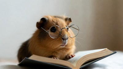 Guinea pig reading book with glasses