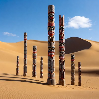 Totem Poles in Desert Landscape