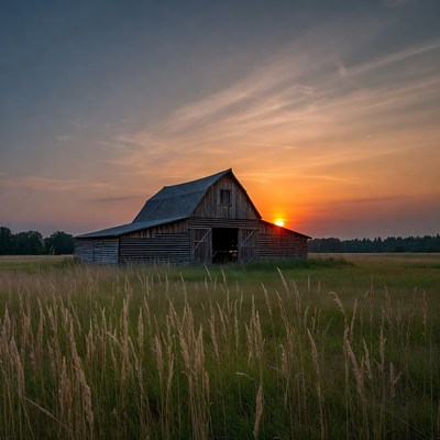 Old Barn in Sunset Field