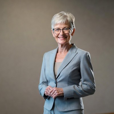 Smiling elderly woman in gray suit