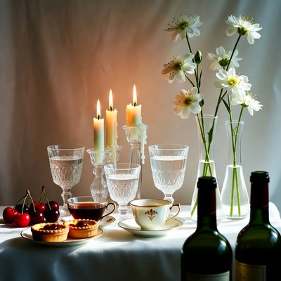 Elegant Table with Candles Wine Tea
