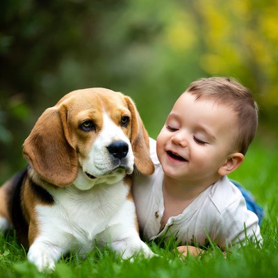 Beagle and Baby Boy on Grass