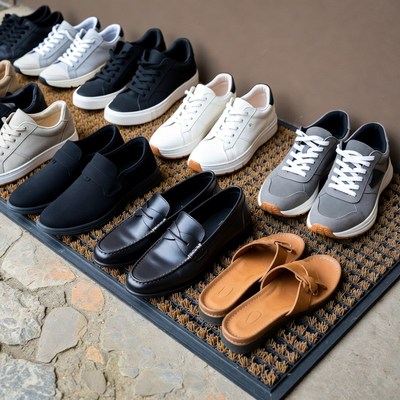 Assortment of shoes on doormat