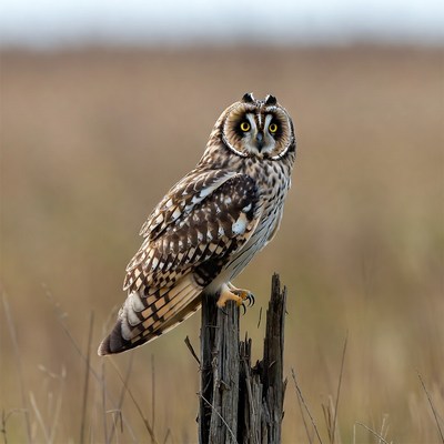 Short-eared owl perched on stump