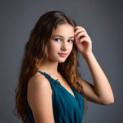 Teen girl touching hair in teal dress