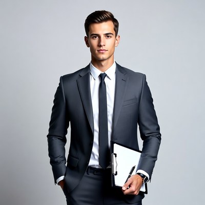 Handsome man in suit holding clipboard