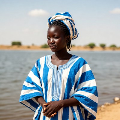 African woman in blue white dress by lake