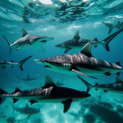 School of Blacktip Sharks Underwater