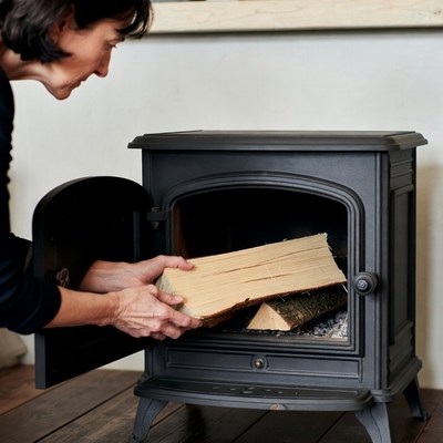 Woman loading firewood into stove