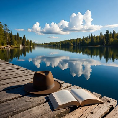 Open book and hat on lakeside dock