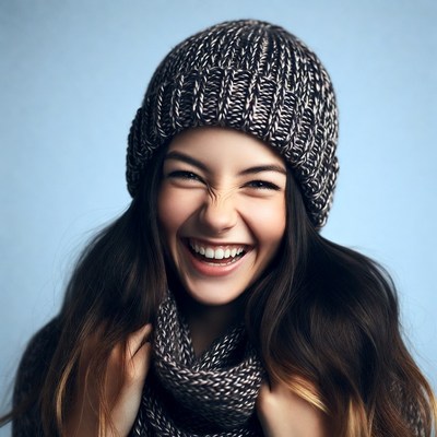 Smiling woman in knit beanie and scarf
