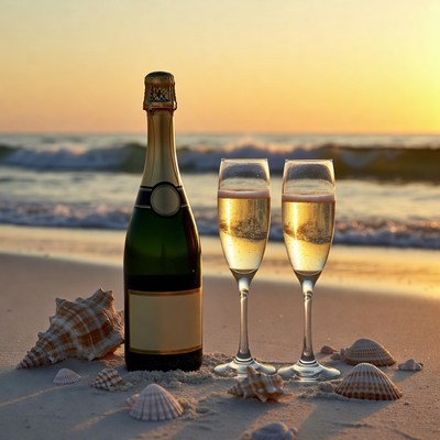 Champagne bottle and glasses on beach sunset