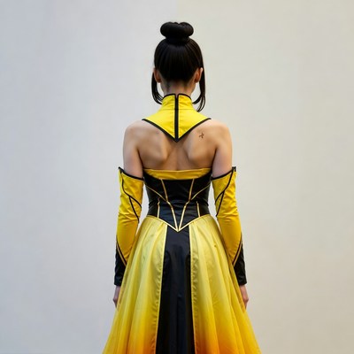 Asian woman in yellow black dress back view