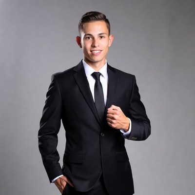 Young man in black suit smiling