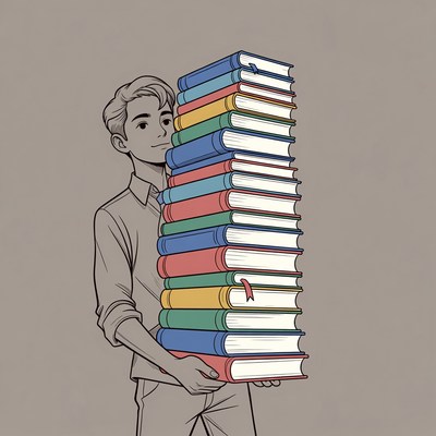 Young man holding stack of books