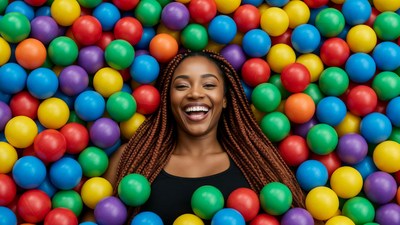Black woman smiling in colorful ball pit