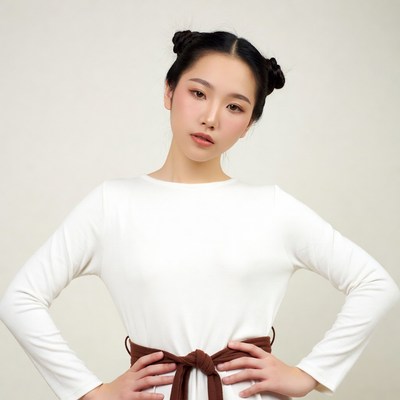 Asian woman in white dress with buns