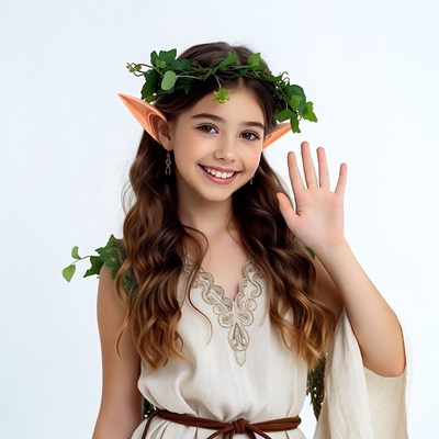 Girl in elf costume waving hello