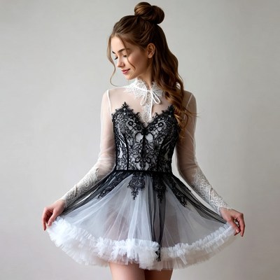 Woman in black lace tulle dress