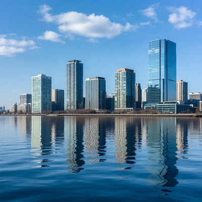 Modern skyscrapers reflecting in lake