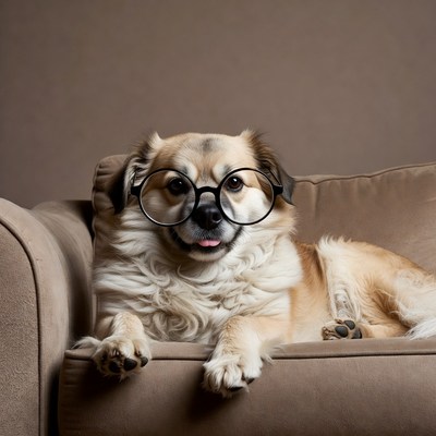 Dog wearing glasses on couch