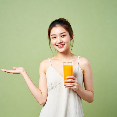 Asian woman holding orange juice