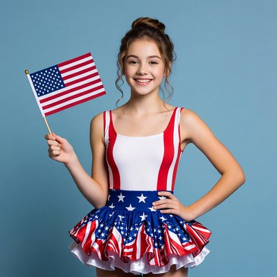 Girl holding American flag in patriotic dress