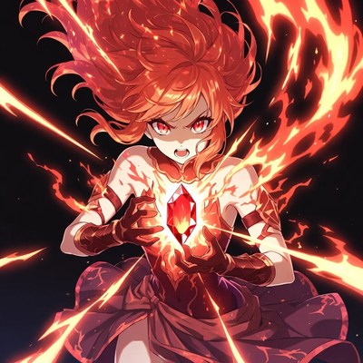 Anime girl holding fiery red crystal