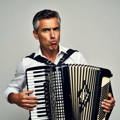 Man playing accordion with pout