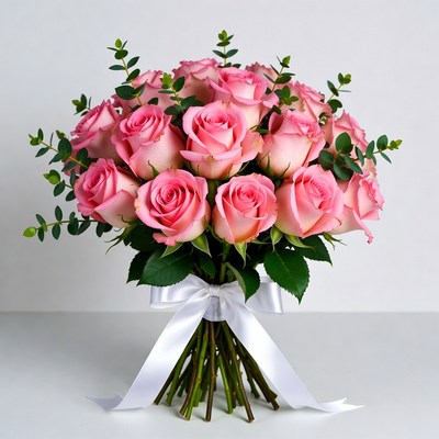 Pink Roses Bouquet with White Ribbon