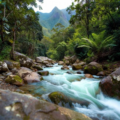 Mountain Stream Flowing Through Tropical Forest