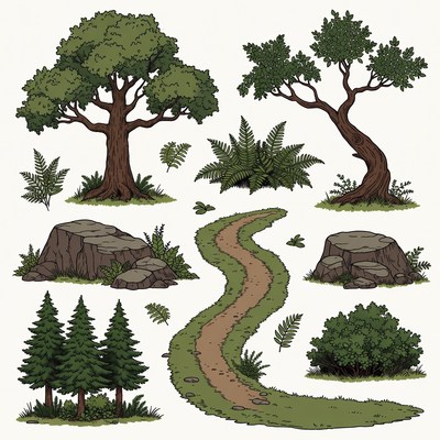 Forest Trees Ferns Rocks Path Clipart