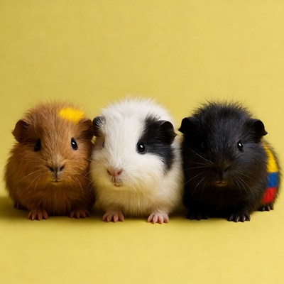 Three Cute Guinea Pigs on Yellow Background