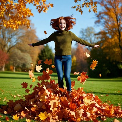 Redhead woman jumping into autumn leaves