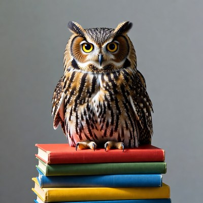 Owl perched on stack of books